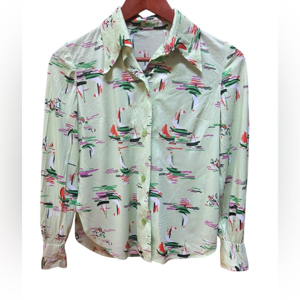 1970s Poly Sailboats Print Dagger Collar Front-Button Down Shirt‎